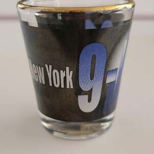 New York 9-11 Shot Glass Black Gold Rim Glass Decorated Souvenir Collectible